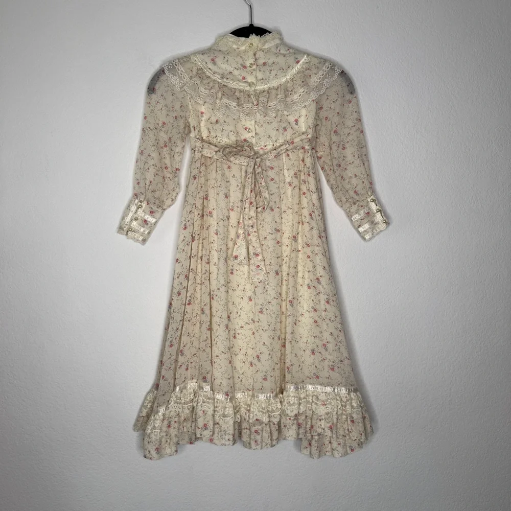 Gunne Sax Vintage Cream Floral Long Sleeve Lace Trim Prairie Dress Girls 5T